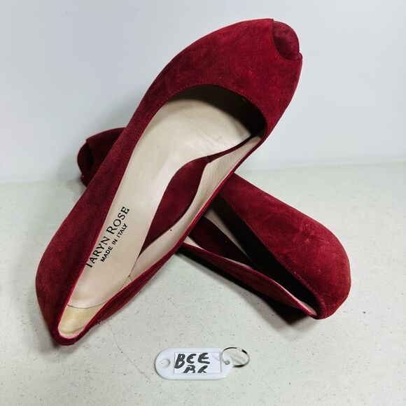 TARYN ROSE Size 8 Dark Red Brocade Wedge Peep Toe Heels Shoes 38.5 Eur - Picture 1 of 7